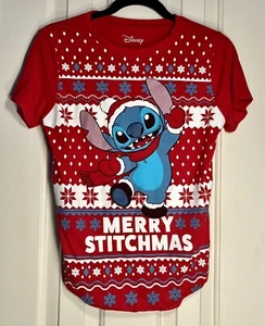 Disney Stitch Juniors' Merry Stitchmas Christmas Short Sleeve T-Shirt-Sz M(7-9) - Picture 1 of 3