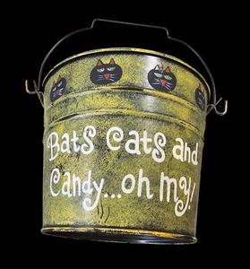 Trick or Treat Halloween Metal Bucket Bats Cats Candy Decor or Cute Plant Holder - Picture 1 of 6