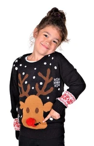 KESIS Children Rudolph With 3D Nose Ugly Christmas Pullover Sweater Black - Picture 1 of 8