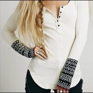 Free People Alpine Cuff Thermal Top Waffle Henley Ivory Nordic Ski Boho Sz M - Picture 1 of 11