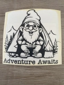 Gnome Adventure Awaits Camping Nature Happy Decal Sticker, Black Vinyl - Picture 1 of 4