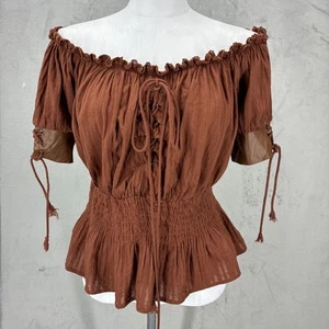 Y2K Belle Poque Blouse top brown MilkMaid Steampunk Victorian Gothic offshoulder - Picture 1 of 14