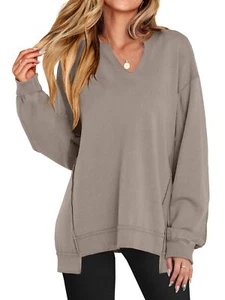 Womens Oversized Sweatshirt V Neck Long Sleeve Tunic Lightweight Pullover 202... - Picture 1 of 6