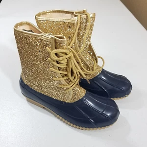 Sugar Skipper Womens Duck Boots Size 8 Gold Glitter / Navy - Picture 1 of 8