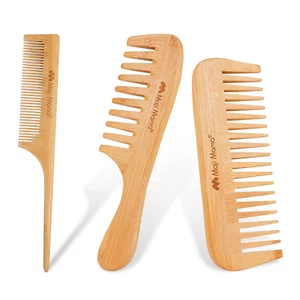 Natural Bamboo Comb Set Anti-Static Fine Wide Tooth Wooden Comb for Detangling - Picture 1 of 12
