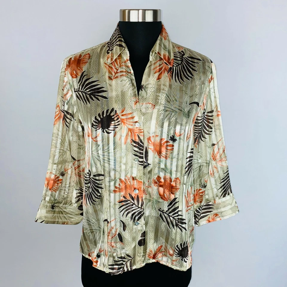 Camisa Piano Mujer Satinada Metálica Rayas Única Informal Estampado de Hojas S Foto 1 de 4