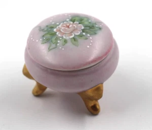 Vtg Hand Painted Rose Pink Porcelain Footed Trinket Ring Rosary Box Japan Signed - Picture 1 of 8