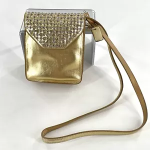 Vtg Handbag Crossbody Women Small Leather Gold Metallic Rhinestone Snap Closure - Picture 1 of 15