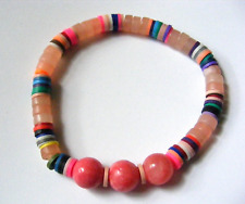 Stretchy Elastic Bracelet Rose-Pink Beads and Multi-Colored Disks Free Shipping