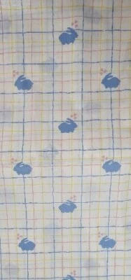 Vintage 2 Yards Blue BUNNIES HEARTS Blue Yellow Pink White Grid  - Image 1 of 4