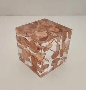 Vintage 1990 & 1991 Lucite Acrylic Coin Cube Floating Pennies Paperweight 2.5/8" - Picture 1 of 11