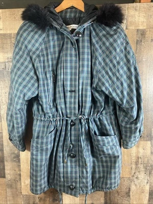 Evan Picone Green Plaid Striped Coat Zipper Fur Trimmed Hooded Women Sz 8 Vtg - Image 1 of 4