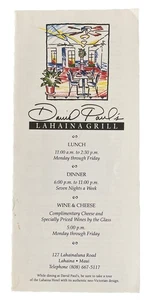 De colección 1993 David Paul's Lahaina Grill Menú, Lahaina Hotel en Maui Hawaii HI - Imagen 1 de 3