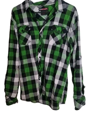 Hawk Western Shirt Mens L Green Plaid Rolltab Long Sleeve Collared Button Up  - Image 1 of 4