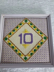 Cross Stitch Number Ten Framed Girl Birthday party Celebration purple yellow - Picture 1 of 6