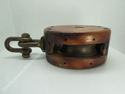 Antiguo bloque de poleas de madera y bronce 5+1/2 para barcos (C4C204) Foto 1 de 4