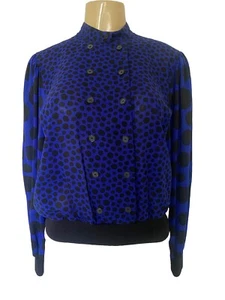 VTG Akris of Switzerland Wool Top Blouse Long Sleeve Blue Black Polka Dot 6 S - Picture 1 of 7