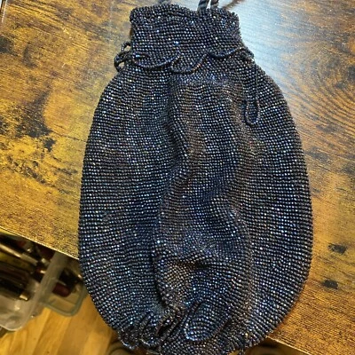 Vintage clutch purse black micro beaded with draw string - Image 1 of 4