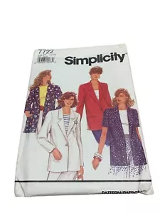 Vintage 1992 Simplicity 7722 Misses Lined Jacket w/ sleeve options sz 12-14-16 - Picture 1 of 3