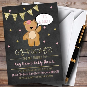 Chalk Gold Girls Teddy Bear Invitations Baby Shower Invitations - Picture 1 of 1