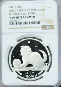 2000 ISLE OF MAN SILVER CROWN SCOTTISH FOLD KITTEN NGC PF 69 ULTRA CAMEO TOP POP - Picture 1 of 4