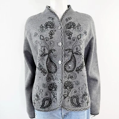 Talbots 灰色刺绣串珠夹克 L 码休闲冬季 Cottagecore — 第 1/4 张图片