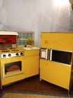 Vintage Child Size Yellow Kitchen Play Set Stove Refrigerator, Sink 1960-70