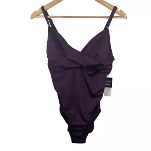 Calvin Klein Purple Magenta Twist Front Ruched Sides Tummy Control One Piece 12 - Picture 1 of 8