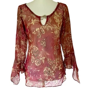 Vtg Y2K Medium Sheer Bell Sleeve Floral Top Blouse Fairy Grunge Whimsigoth Tie M - Picture 1 of 24