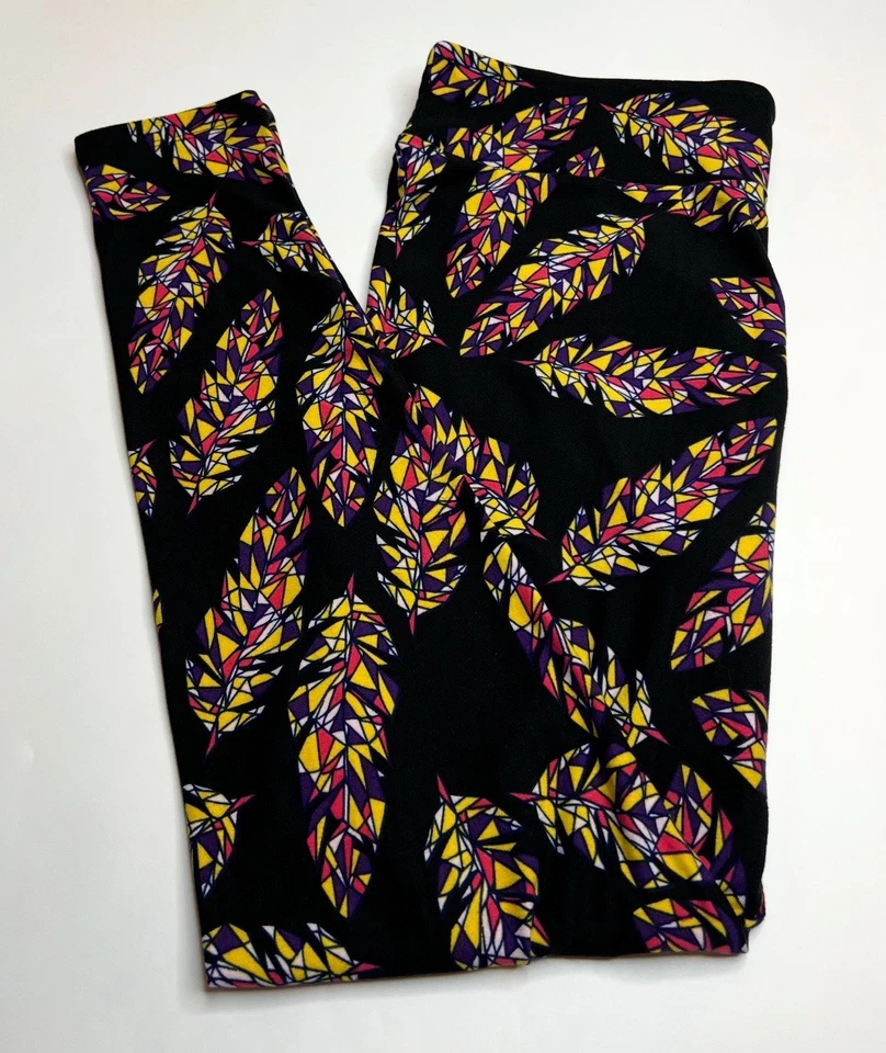 NEW LuLaRoe TC Leggings BLACK PURPLE HOT PINK Colorful Tribal FEATHER Plume Bird - Image 1 of 4