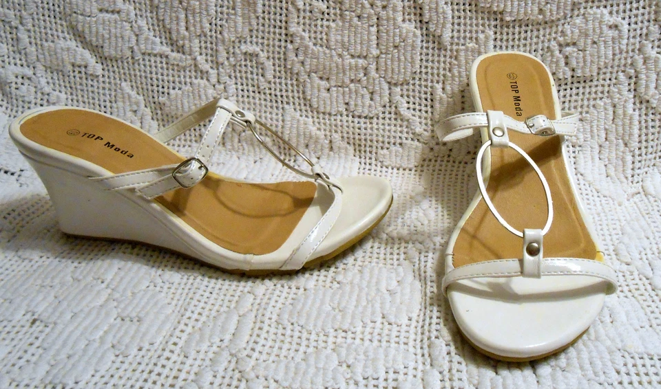 TOP MODA Mujer Sandalias Deslizables Blanco Charol Hebilla Cuña Tacones  Foto 1 de 1