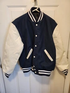 Holloway Blue Wool Varsity Jacket With White Real Leather Sleeves Mens M - Picture 1 of 4