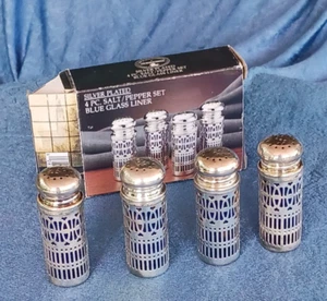 4 Silver Plated Cobalt Blue Glass ndividual Salt Shakers 2 3/4" Never Used - Picture 1 of 6