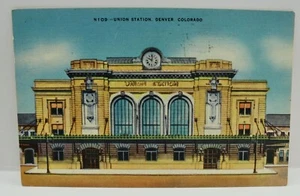 Postkarte Union Station Denver CO Zug Eisenbahn Poststempel 1950 Leinen - Bild 1 von 2
