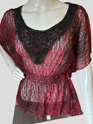 Heart Soul Women’s  Size S, Sheer Open Sleeve Lace Red/Black,  Gold Sequins - Image 1 of 4