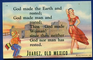 Juarez Old Mexico God Earth Man Woman Linen Postcard - Picture 1 of 2