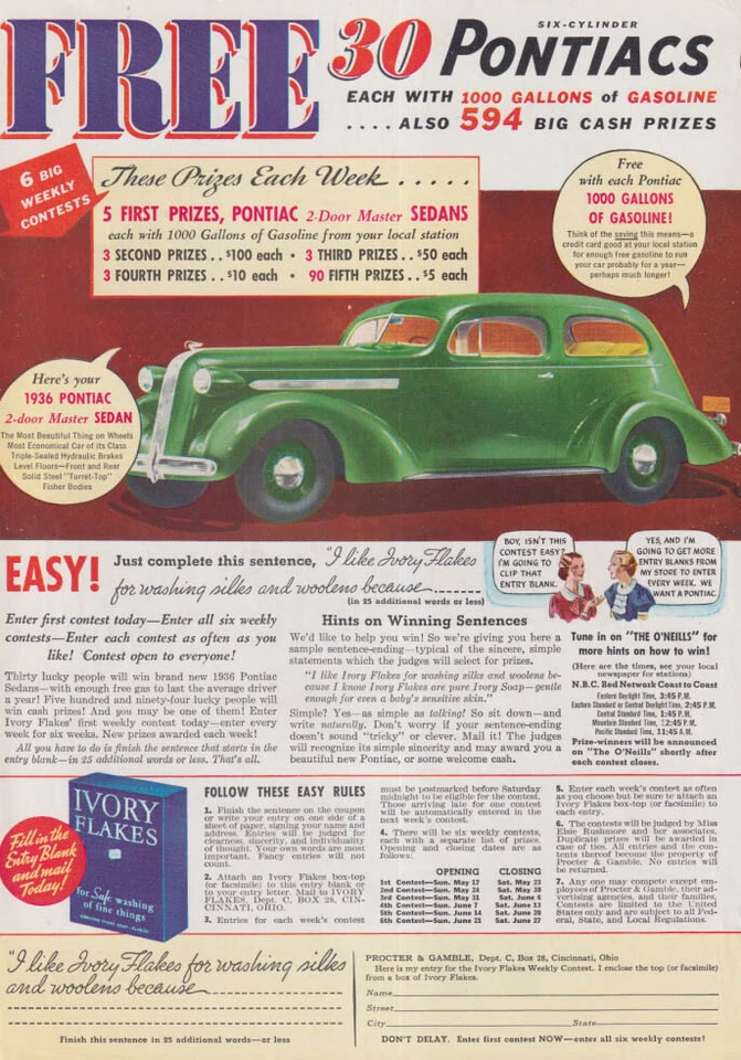 Free! 30 Pontiacs with 1000 gallons of gas Ivory Flakes Contest ad 1936 - Image 1 of 1
