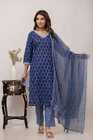 3 Piece Blue Cotton Kurti Pant,Women Ethnic Look Office Wear Kurta Palazzo Set