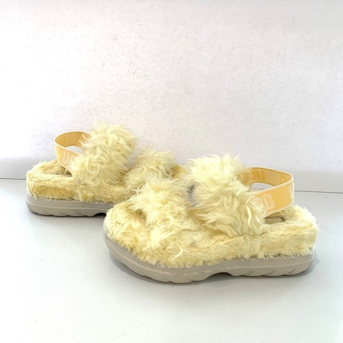 UGG Fluff Sugar Sandali Ecopelliccia Slingback Giallo Taglia 7 NUOVI