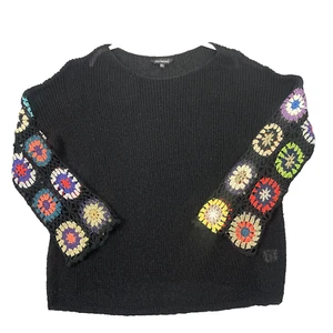 Womens Plus Sz Crochet Whimisgoth Granny Square Knit Sweater Top 3X Blk/Multi - Picture 1 of 8