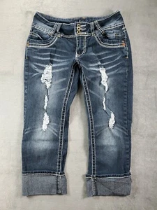 Angels Capri Jeans Womens Juniors 7 Blue Cuffed Stretch Ripped Medium Wash Denim - Picture 1 of 7