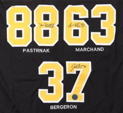 Camiseta deportiva Brad Marchand Patrice Bergeron Pastrnak triple firmada línea de perfección Foto 1 de 2