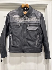 Men Black Harley Davidson Leather Jacket SZ M Gray Accents Flying EVO Lined Fill - Picture 1 of 24