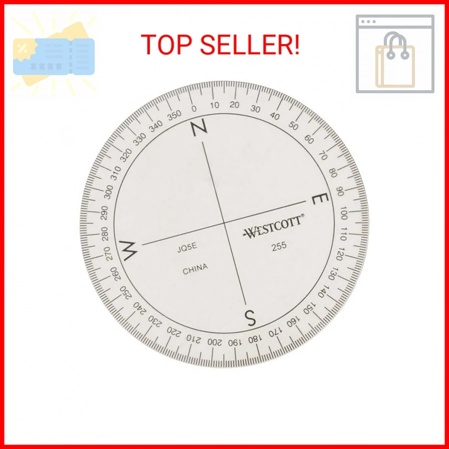 Westcott 3 1/2-inch 360 Degree Compass Protractor Transparent (255) Clear