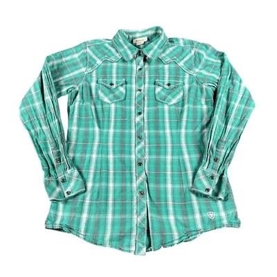 Camisa Ariat Feminina Média Verde Xadrez Pérola Ocidental Snap Manga Longa Bordada - Imagem 1 de 4