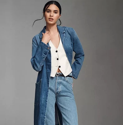 Chaqueta Pilcro Denim Longline Plumero Abrigo Anthropologie Jean Peggy Talla S NUEVA Foto 1 de 4