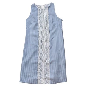 Maggy L Petite Blue Striped railroad Shift Dress Crochet Lace Panel 4 seersucker - Picture 1 of 7