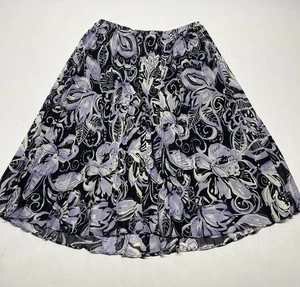 Purple Black Artsy Floral Pleated Pull On Midi Skirt Size 14 Boho Feminine Retro - Picture 1 of 14