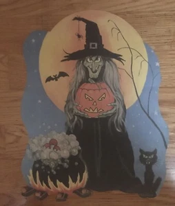 Vintage Halloween Witch Cat Bat Moon Double Sided Diecut Decoration - Picture 1 of 6
