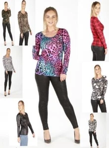 New Ladies Long Sleeve T Shirt Animal Print Basic Plain Zebra Aztec Tartan 8-26 - Picture 1 of 44